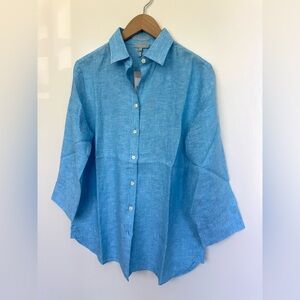 NWT Hinson Wu Aqua Blue 3/4 Sleeve Meghan Button-Up Linen Shirt Blouse Top Sz 10